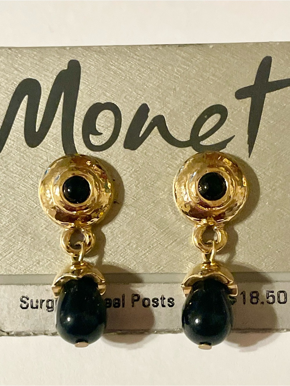 Monet Gold Tone Earrings with Black Drops